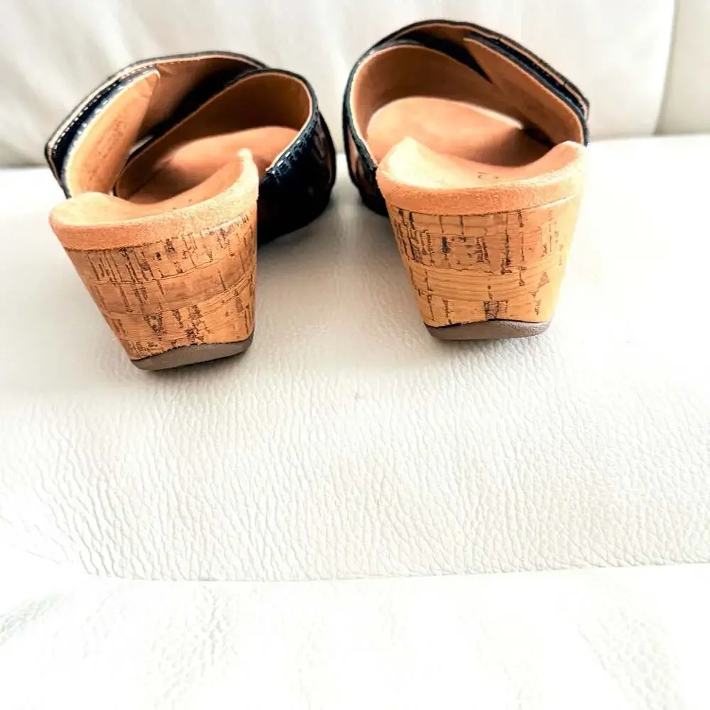 Vionic Leticia Black Lizard Embossed Cork Wedge Sandals